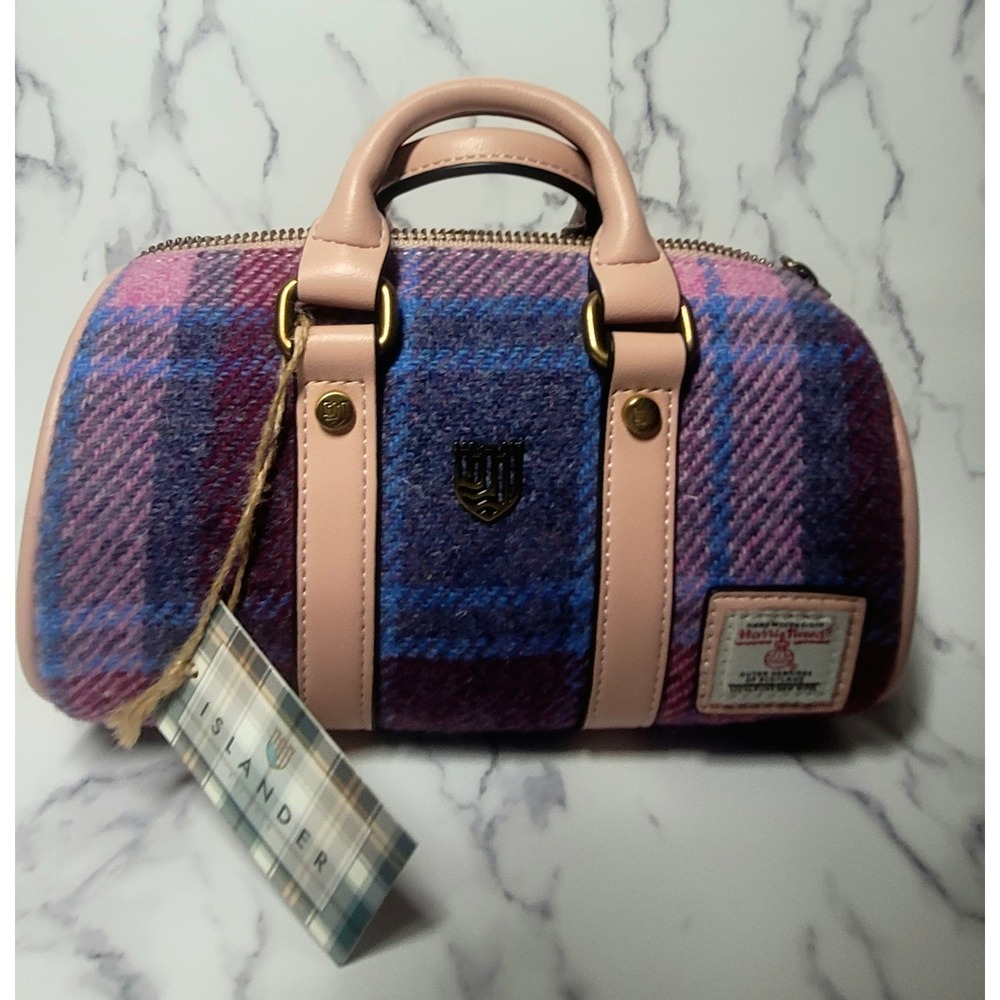 NWT Islander Harris Tweed Mini Duffel Bag Pink & Blue Tartan